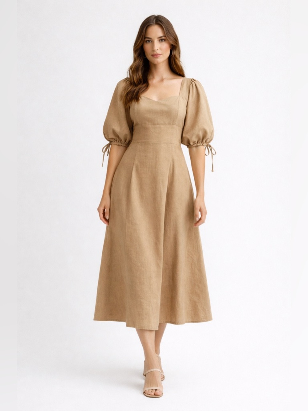 Mila Mae Cotton Linen Puff Sleeve Midi Dress Tan Square Neck Small